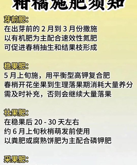 柑橘小苗施肥核心是“一梢两肥”，定植后第一年追肥4次，每次每株30-50克高氮复合肥
